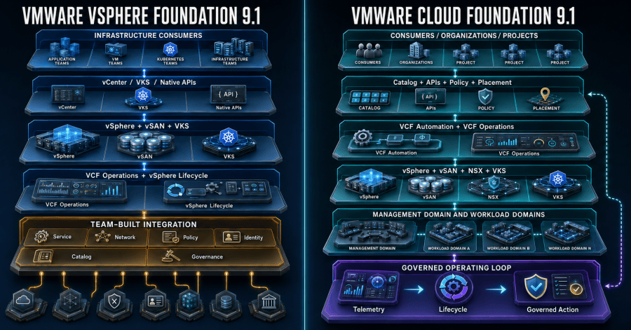VMware vSphere Foundation supplies an integrated workload platform, while VMware Cloud Foundation adds coordinated consumption, networking, policy, fleet lifecycle, and private-cloud operations.