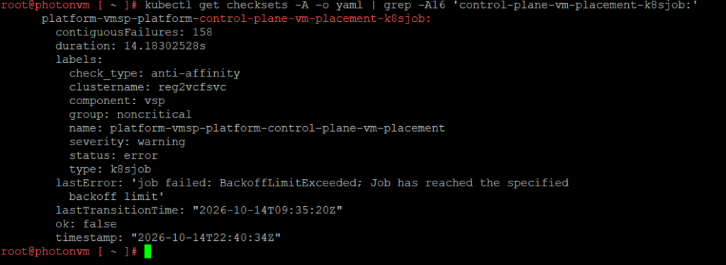 VMSP synthetic checkset control-plane-vm-placement anti-affinity check failing, noncritical warning, BackoffLimitExceeded