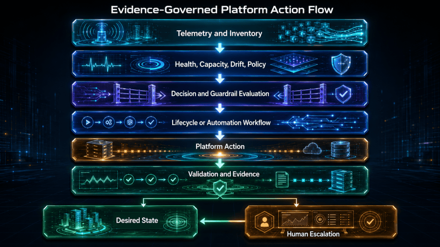 Platform observes state, evaluates policy, authorizes a bounded action, executes through integrated services, validates results, and preserves evidence for continuous improvement.