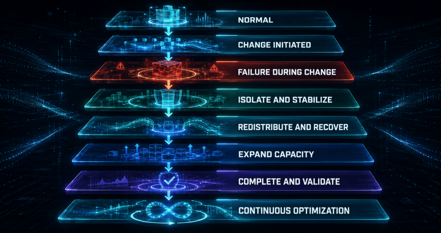 Platform is evaluated across deployment, steady state, incident, lifecycle, capacity, recovery, and retirement moments using the same authority, evidence, and validation questions.