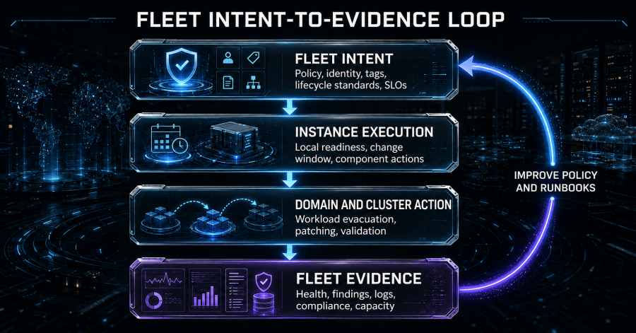 Fleet sets common intent, instances apply it locally, domains execute technical work, and evidence returns to improve readiness, standards, and automation.