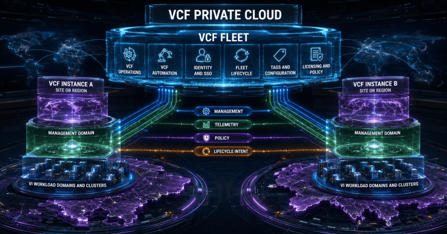 Shared fleet services provide identity, lifecycle, observability, and governance above separate VCF instances whose management domains and workload domains retain local control.