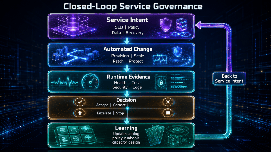 Business intent drives automated delivery, observation, governed decisions, validated change, and platform improvement across the private-cloud service lifecycle.