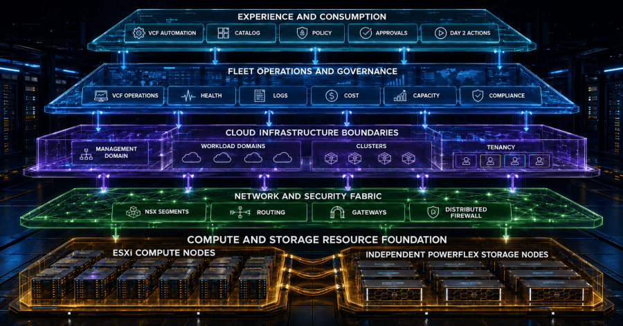 Dell PowerFlex foundation supports VCF, NSX, workload domains, automation, and operations layers that separately govern resources, connectivity, service delivery, and health.