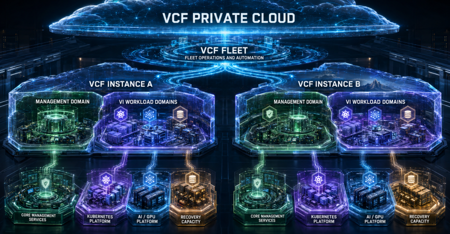 VCF architecture separates fleet, instance, management domain, workload domain, and cluster decision scopes so ownership and blast radius remain explicit.
