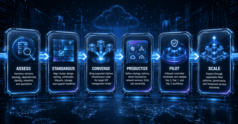 Adoption progresses from infrastructure assessment and technical convergence through service productization, policy, ownership, telemetry, exception handling, and consumer onboarding.