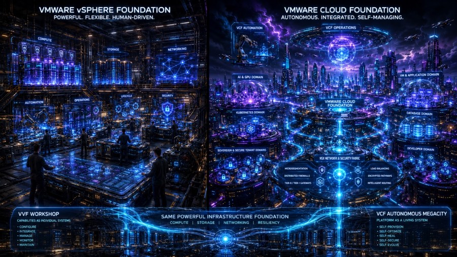 A VVF infrastructure workshop and a VCF private-cloud city share a common foundation while illustrating different service-delivery and operating responsibilities.
